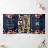 Rote Rosen Blumenrahmen Navy Blue QR Code Hochzeit Dreifach Gefaltete Einladung (Innenseite)