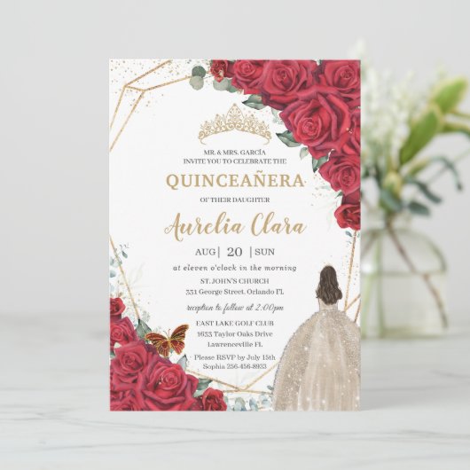 Rote Rosen Blumenschampagner Dress Girl Quinceañer Einladung (Stehend Vorderseite)