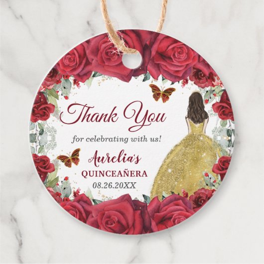 Rote Rosen Blumenschmetterlinge Prinzessin Gelbes Geschenkanhänger (Vorderseite)