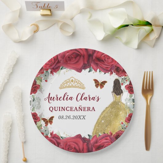 Rote Rosen Blumenschmetterlinge Prinzessin Gelbes Pappteller (Hochzeit)