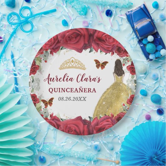 Rote Rosen Blumenschmetterlinge Prinzessin Gelbes Pappteller (Party)