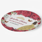 Rote Rosen Blumenschmetterlinge Prinzessin Gelbes Pappteller (Schrägansicht)