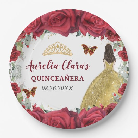 Rote Rosen Blumenschmetterlinge Prinzessin Gelbes  Pappteller (Vorderseite)