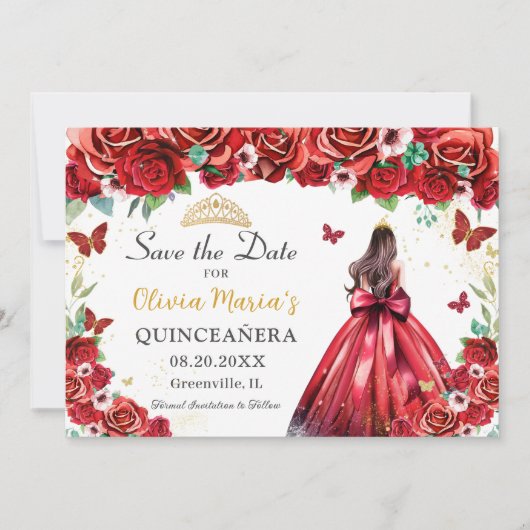Rote Rosen Blumenschmetterlinge Prinzessin Quincea Save The Date (Vorderseite)