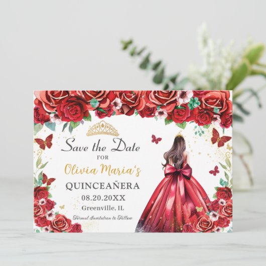 Rote Rosen Blumenschmetterlinge Prinzessin Quincea Save The Date (Stehend Vorderseite)