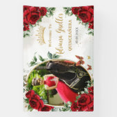 Rote Rosen Blumenschmetterlinge Quinceañera Foto Banner (Vertikal)