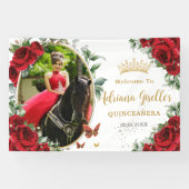 Rote Rosen Blumenschmetterlinge Quinceañera Foto Banner (Horizontal)