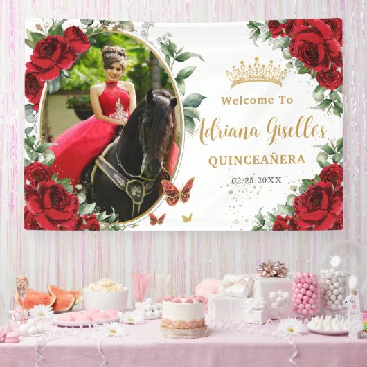 Rote Rosen Blumenschmetterlinge Quinceañera Foto Banner (Party)
