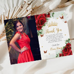 Rote Rosen Blumenschmetterlinge Quinceañera Süß 16 Dankeskarte<br><div class="desc">Personalisieren Sie dieses schicke boho vibrant roten Blumenbild Quinceañera / Sweet 16 Geburtstag Bild dank Ihnen Karte einfach und schnell. Klicken Sie einfach auf die Schaltfläche "Weitere Einstellungen", um die Texte zu bearbeiten, Schriftart und Schriftart zu ändern. Mit schönen, hellen rote Rosen und roten und goldenen Schmetterlingen. Matching-Elemente im Speicher...</div>