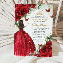 Rote Rosen Blumenschmetterlinge Quinceañera Süß 16 Einladung