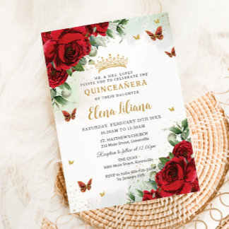 Rote Rosen Blumenschmetterlinge Quinceañera Süß 16 Einladung