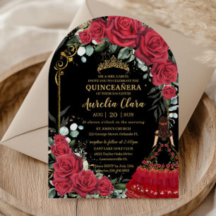 Rote Rosen Blumenschwarzer Charro Quinceañera Arch Einladung