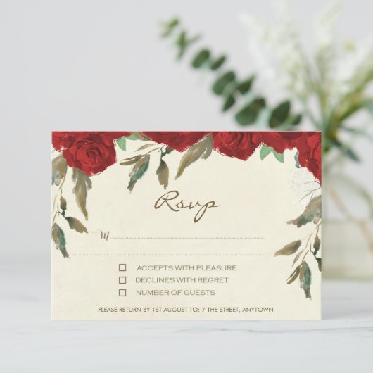 Rote Rosen Blumenzwiebeleien Hochzeitsreise-Rücktr RSVP Karte (Stehend Vorderseite)