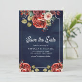 Rote Rosen Blumenzwiebeln Foto QR Code Navy Blue W Save The Date (Stehend Vorderseite)