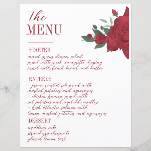 Rote Rosen Boho Wedding Menu (Vorderseite)