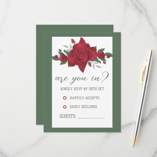 Rote Rosen Boho Wedding RSVP Karte (Vorderseite/Rückseite Beispiel)