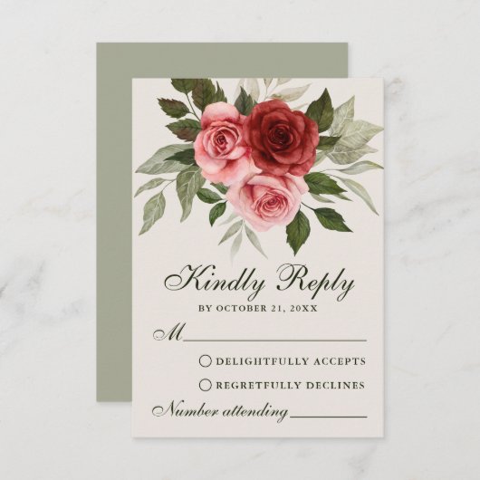 Rote Rosen Botanische Hochzeitskarte für Wasserfar Hinweiskarte (Vorne/Hinten)