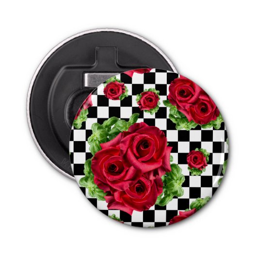 Rote Rosen Bouquet Floral Liebe Rockabilly Checker Flaschenöffner (Vorderseite)
