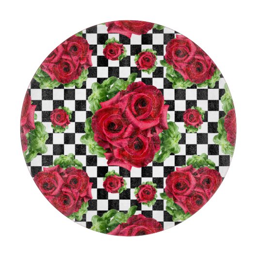 Rote Rosen Bouquet Floral Liebe Rockabilly Checker Schneidebrett (Vorderseite)