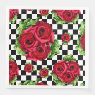 Rote Rosen Bouquet Floral Liebe Rockabilly Checker Serviette