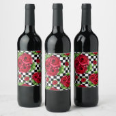 Rote Rosen Bouquet Floral Liebe Rockabilly Checker Weinetikett (Flaschen)