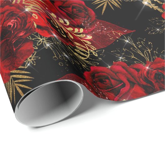 Rote Rosen Bunch Foil Floral Glitzer Gold Black6 V Geschenkpapier (Rolleneckpunkt)