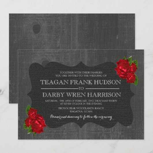 Rote Rosen Burlap Wood Gothic Wedding Einladungen (Vorne/Hinten)