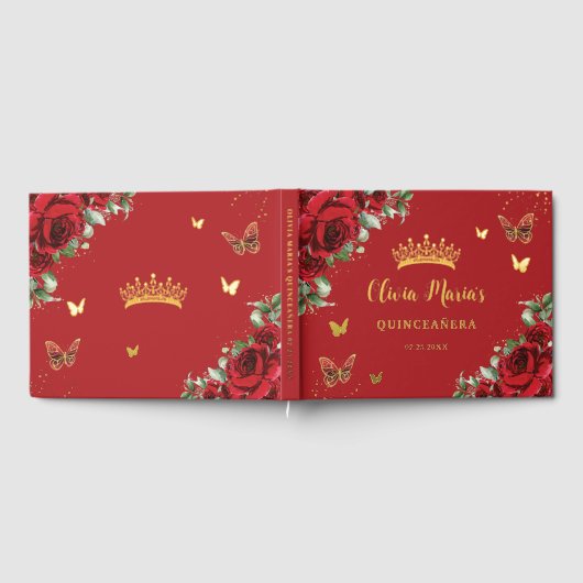 Rote Rosen Butterfly Quinceanera Süße 16 Geburtsta Gästebuch (Voll)