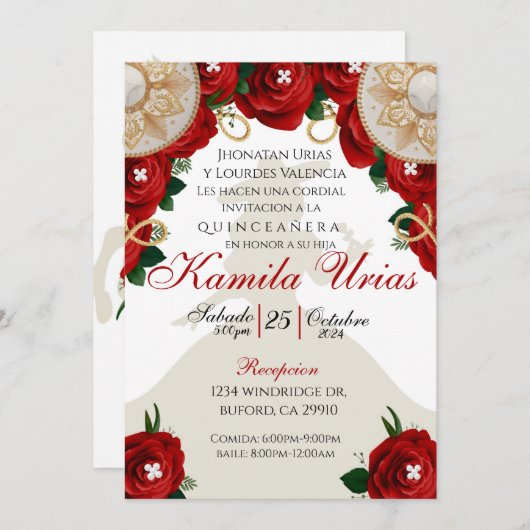 Rote Rosen Charra Quinceañera Einladung (Vorne/Hinten)