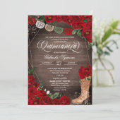 Rote Rosen Charra Rustic Cowgirl Boots Quinceañera Einladung (Stehend Vorderseite)