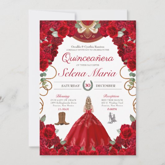 Rote Rosen Charro Elegante Peonies Rose Quinceaner Einladung (Vorderseite)