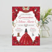 Rote Rosen Charro Elegante Peony Rose Quinceanera Einladung (Stehend Vorderseite)