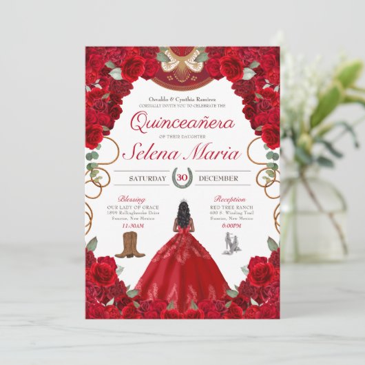 Rote Rosen Charro Elegante Peony Rose Quinceanera Einladung (Stehend Vorderseite)