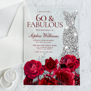 Rote Rosen Diamant Kleid Frau 60. Geburtstag Acryleinladungen