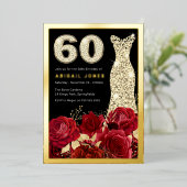 Rote Rosen Diamantkleid 60. Geburtstag Golden Folieneinladung (Stehend vorne)