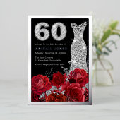 Rote Rosen Diamantkleid 60. Geburtstag Silber Folieneinladung (Stehend vorne)