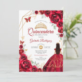 Rote Rosen Dress Gold White Quinceanera Einladung (Stehend Vorderseite)