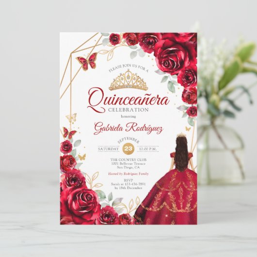 Rote Rosen Dress Gold White Quinceanera Einladung (Stehend Vorderseite)