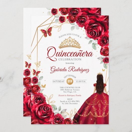 Rote Rosen Dress Gold White Quinceanera Einladung (Vorne/Hinten)