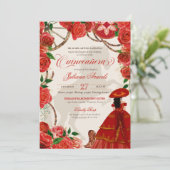 Rote Rosen Elegant Charro Mariachi Quinceanera Einladung (Stehend Vorderseite)