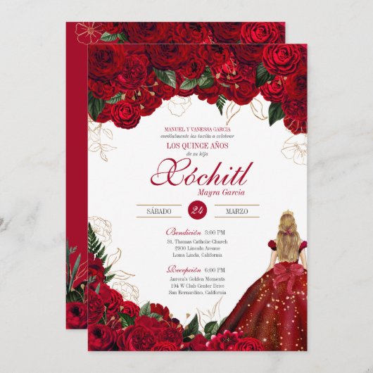 Rote Rosen Elegant Floral Schönes Quinceañera Einladung (Vorne/Hinten)