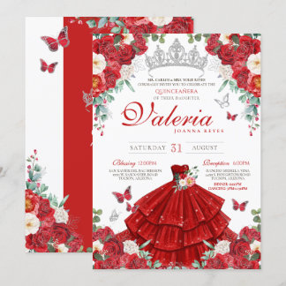Rote Rosen Elegant Silver Butterfly Quinceañera Einladung