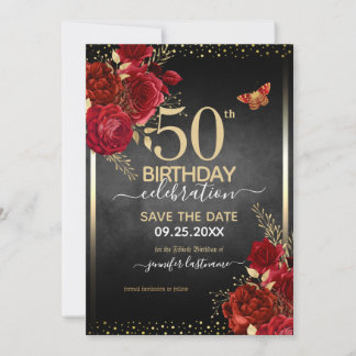 Rote Rosen elegante 50. Geburtstagsfeier Einladung