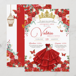Rote Rosen Elegante Prinzessin Butterfly Quinceañe Einladung
