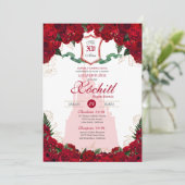 Rote Rosen Elegante Prinzessin Royalty Quinceanera Einladung (Stehend Vorderseite)