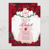 Rote Rosen Elegante Prinzessin Royalty Quinceanera Einladung (Vorne/Hinten)