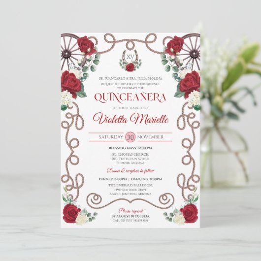 Rote Rosen Eleganter Western Charro Quinceanera Einladung (Stehend Vorderseite)