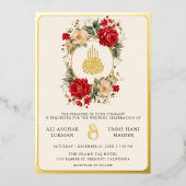 Rote Rosen Elfenbein-Blume Cream muslimische Hochz Folieneinladung (Vorderseite)