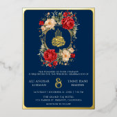 Rote Rosen Elfenbein Blume Maroon Blue Wedding Gol Folieneinladung (Vorderseite)