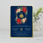 Rote Rosen Elfenbein Blume Maroon Blue Wedding Gol Folieneinladung (Stehend vorne)